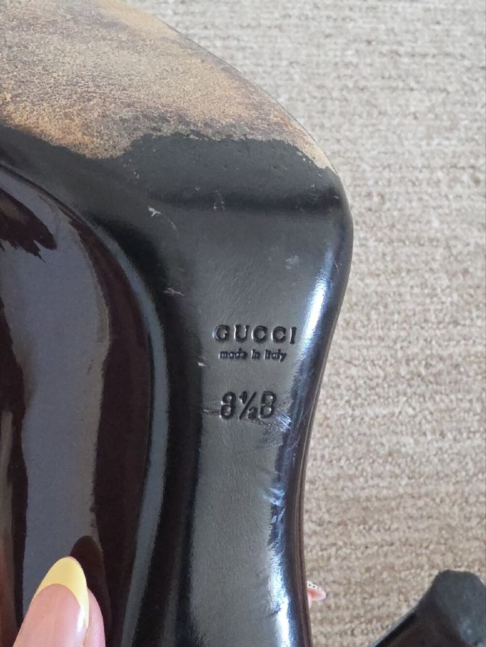 Gucci Patent Leather Peep-Toe Pumps with Gold Horsebit - Deep Purple - Picture 8 of 10
